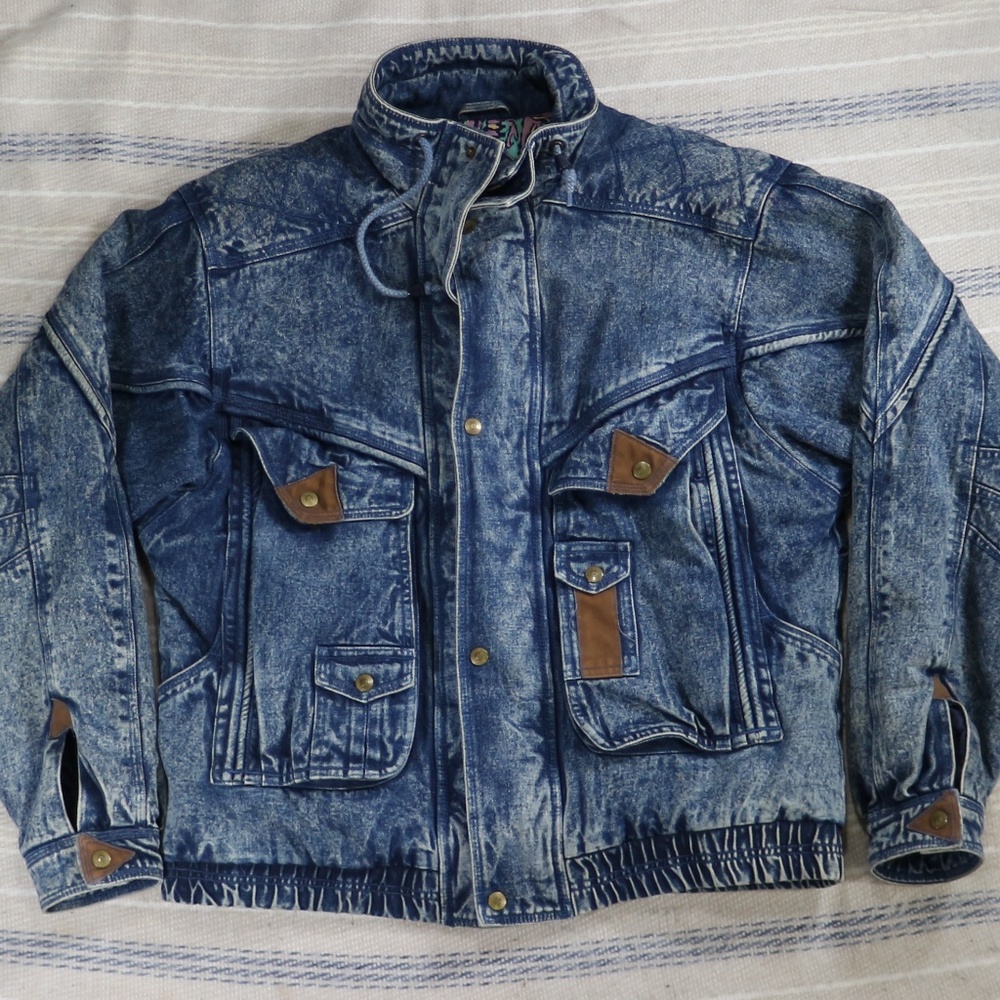 VTG EAGLES RIDGE Acid Wash Denim Bomber Jacket Sz Lg